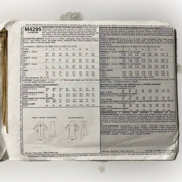 🍄NEW McCall’s 4295 Misses Dusters Dress Options Uncut Pattern Sew Petite 8 - 12 - Picture 4 of 7